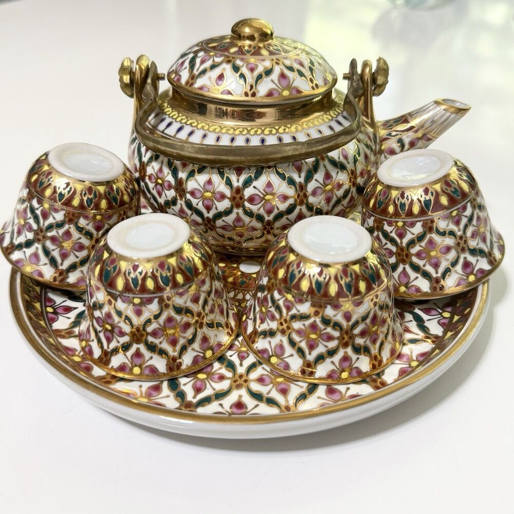 Thai Benjarong Mini Gold Pink Green Hand-Painted Teapot 4 Cups & Tray Set